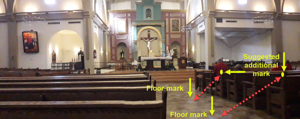 Suggested additional marks at the sidewalls of the Pews corresponding to the marks of the floor aisle.
St. Thomas Aquinas Catholic Church, Avondale, AZ.Photo by J. Mission